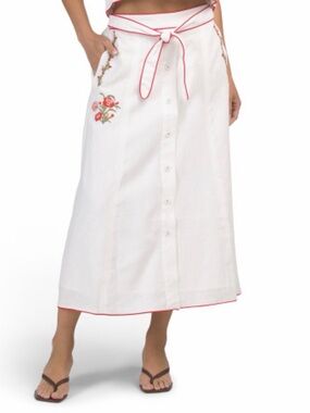 Linen Blend Embroidered Flare Linen Blend White W/Red Trim Lagenlook 10
